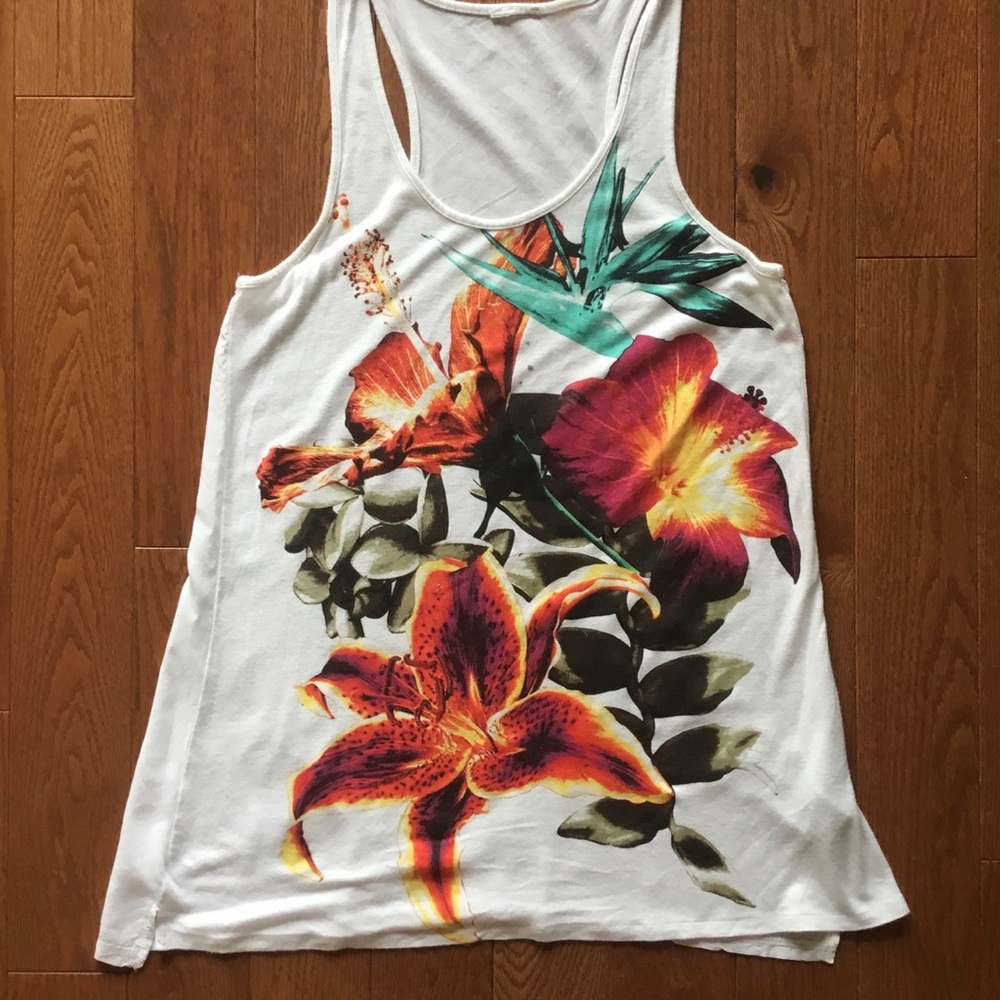 White Floral Racerback Tank Top with Tropical Print